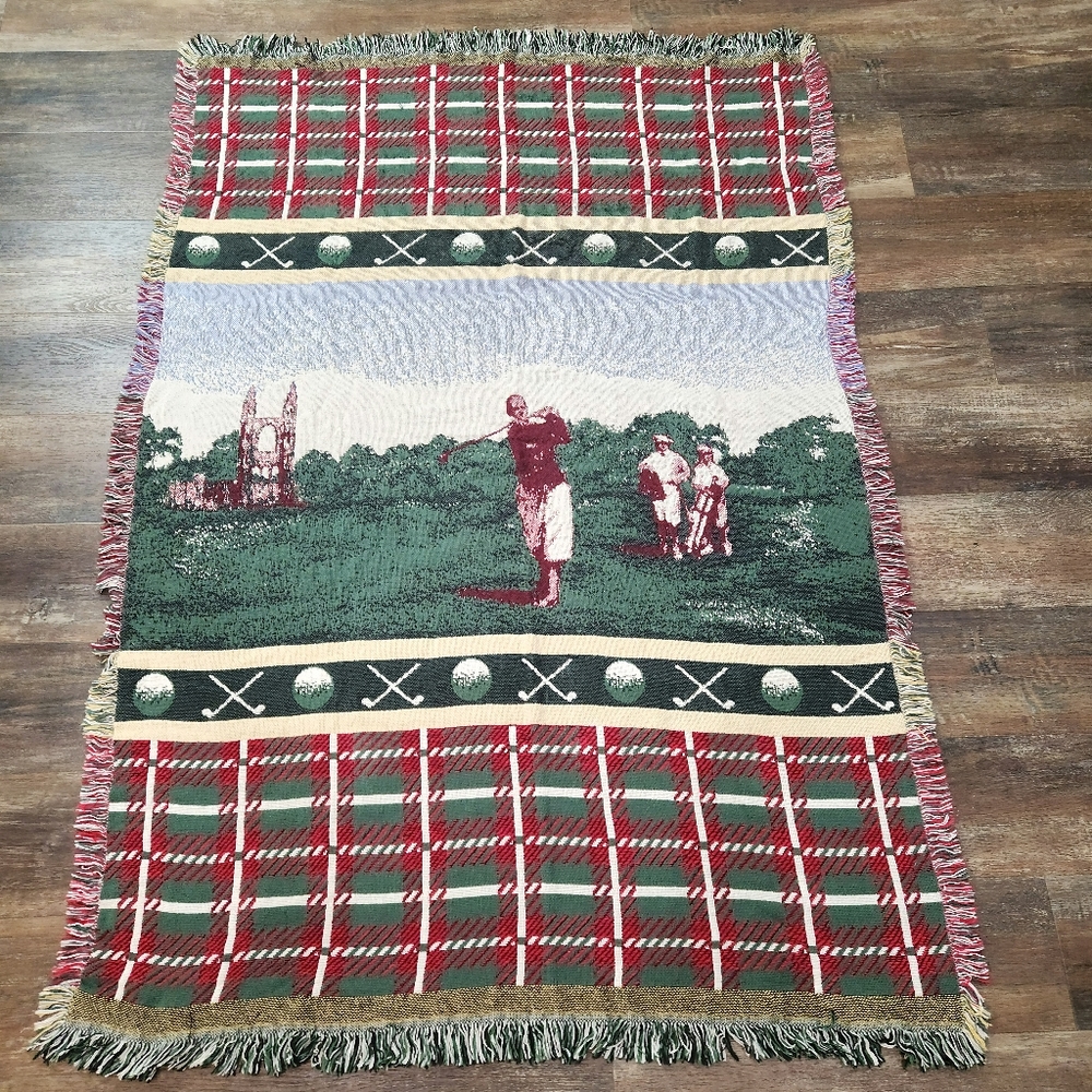 Vintage Scottish European Golf Themed Woven Tapestry Throw Blanket Argyle Men